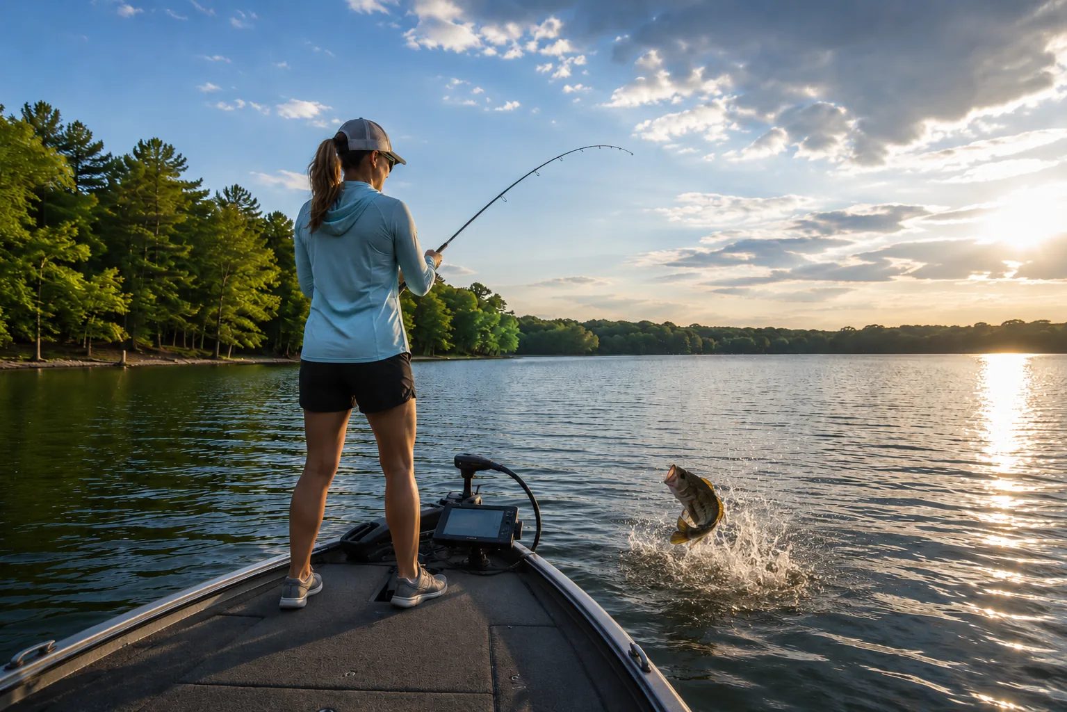 Woman fishing from a boat